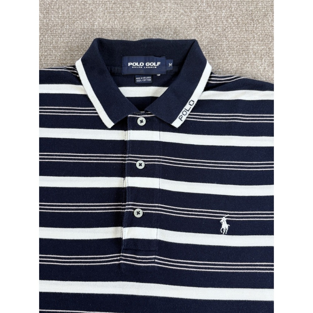 Vintage Polo Golf Ralph Lauren Mens Medium Navy White Striped Cotton Polo Shirt